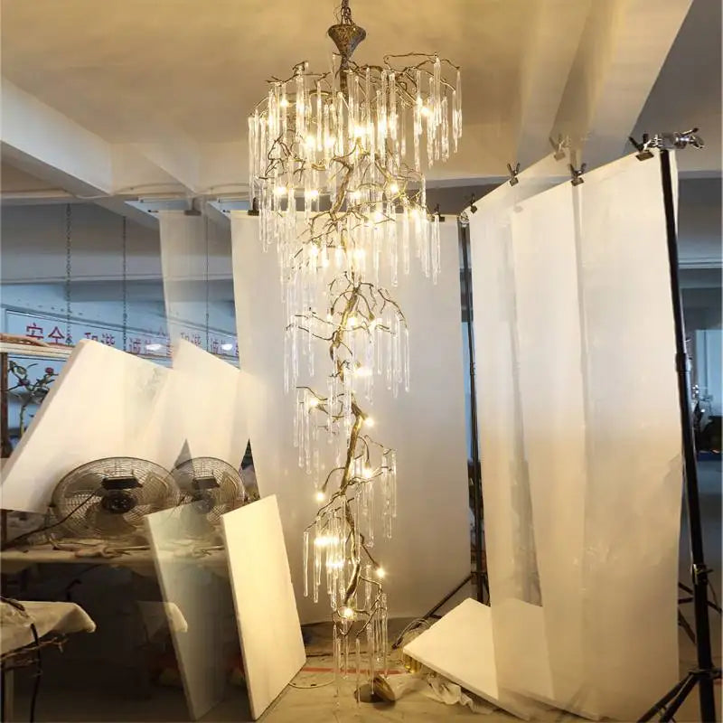 Afralia Crystal High Ceiling Staircase Chandelier Branch Hanging Loft Stairway Brass