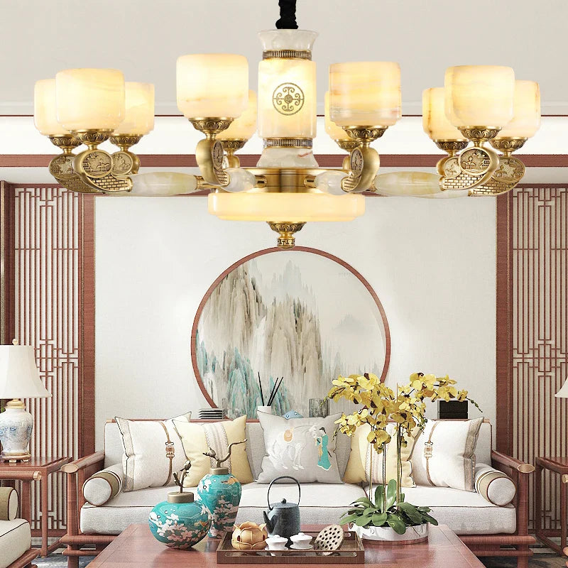 Afralia™ Zen Jade Chandelier: Modern Chinese Style Living Room Lamp for Villa, Restaurant, and Building