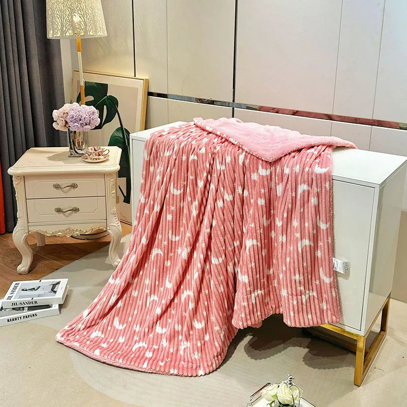 Afralia™ Star Moon Striped Fleece Blanket: Double Layer Flannel for Office Nap & Air Conditioning
