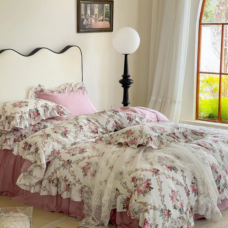 Afralia™ Vintage Rose Lace Ruffles Bedding Set - 100% Cotton French Style