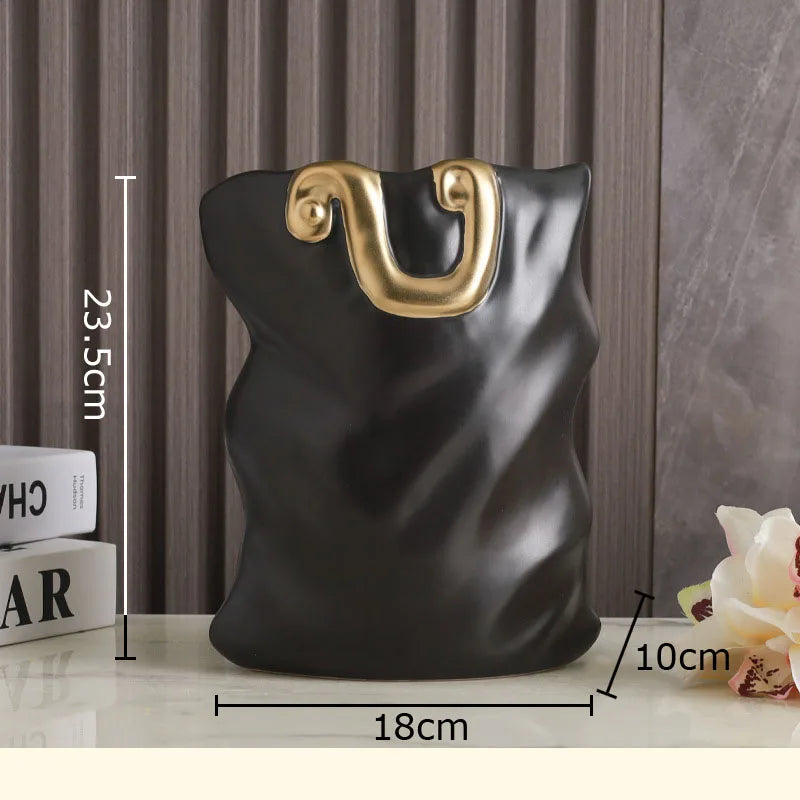 Afralia™ Ceramic Bag Vase with Artificial Flowers for Modern Home Decor