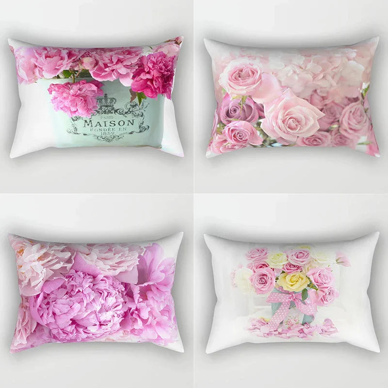 Afralia™ Pink Flower Pillowcase: Living Room Sofa Chair Waist Throw Cushion Cover