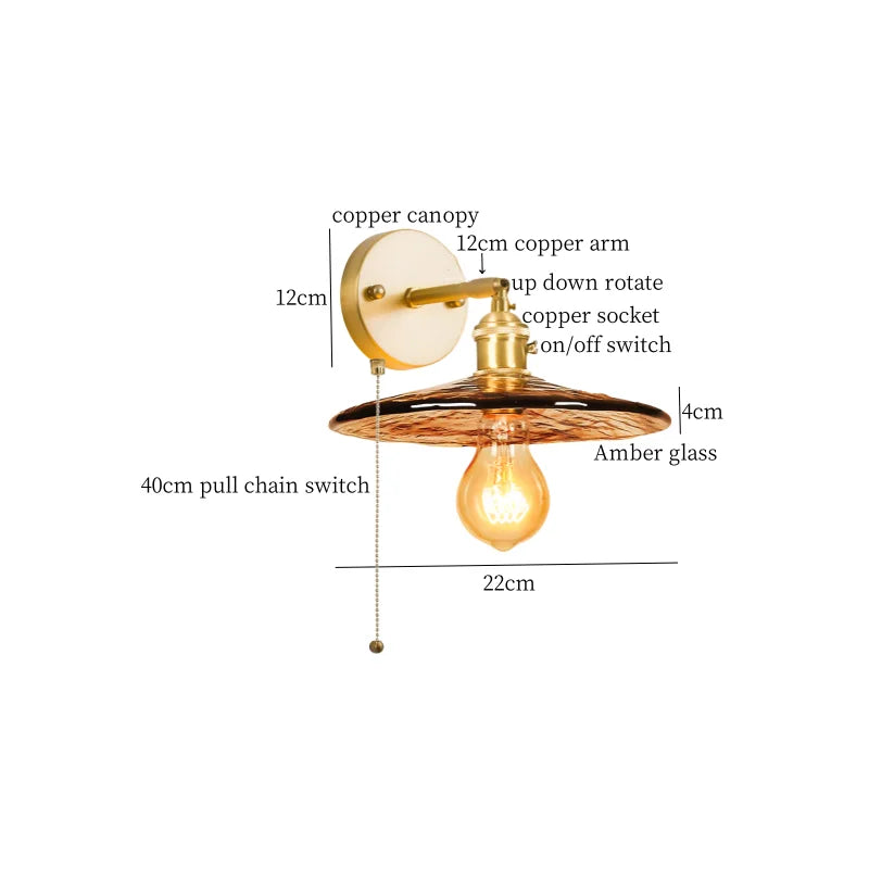 Afralia™ Glass LED Wall Sconce Bedroom Loft Bathroom Stair Light Pull Chain Copper