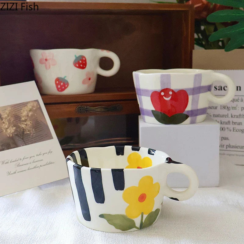 Afralia™ Cartoon Pattern Ceramic Mug Set for Happy Dining and Tea Time