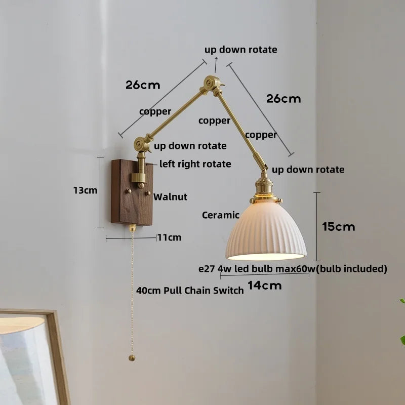 Afralia™ Wood LED Wall Light with Pull Chain Switch & Rotatable Amber Glass