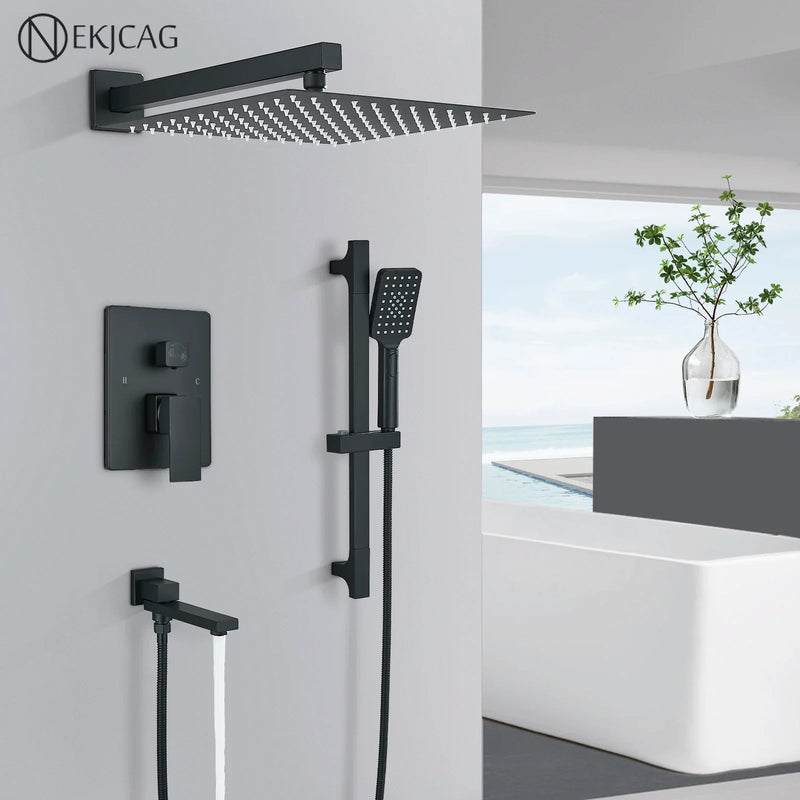 Afralia™ Black Rainfall Shower Faucets with Slider Bar and Embedded Mixer