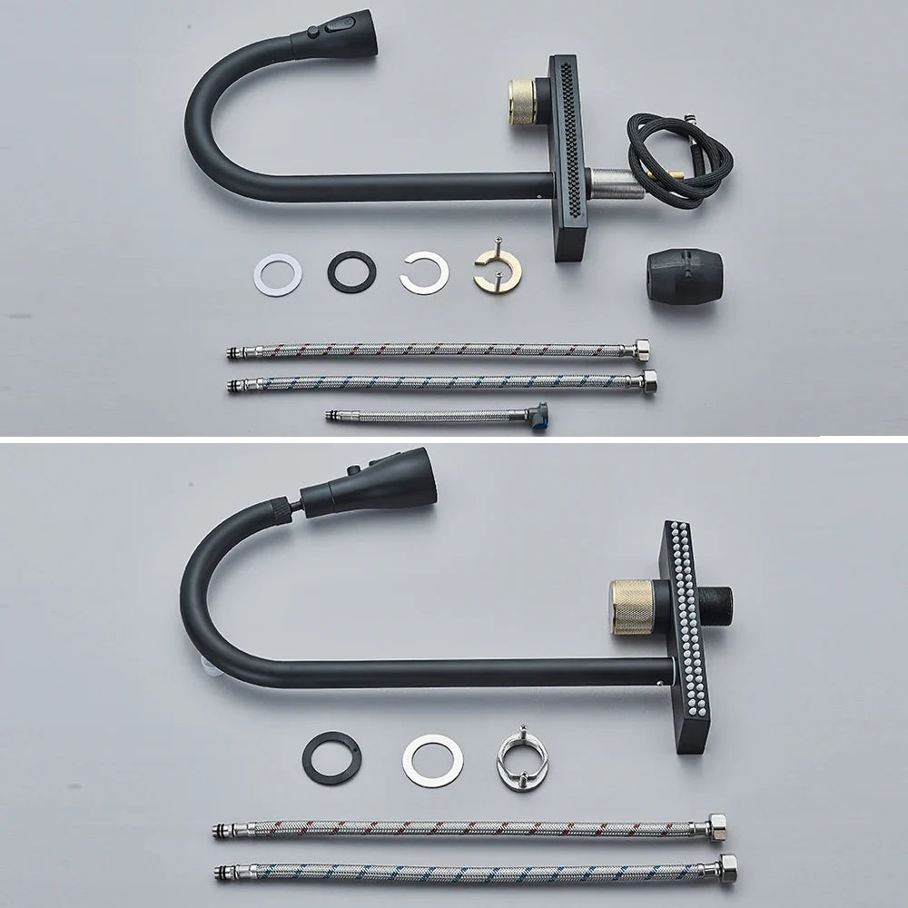 Afralia™ Black Rainwater Kitchen Faucet Flexible Pull Out 3 Way Nozzle Mixer Tap