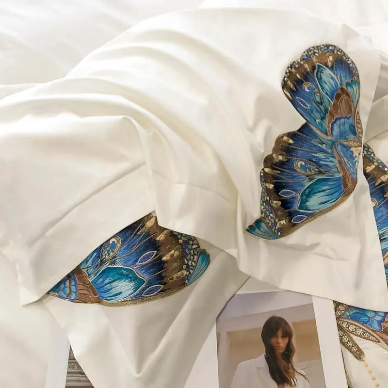Afralia™ Luxury Butterfly Embroidery Bedding Set, Egyptian Cotton, Queen King, White
