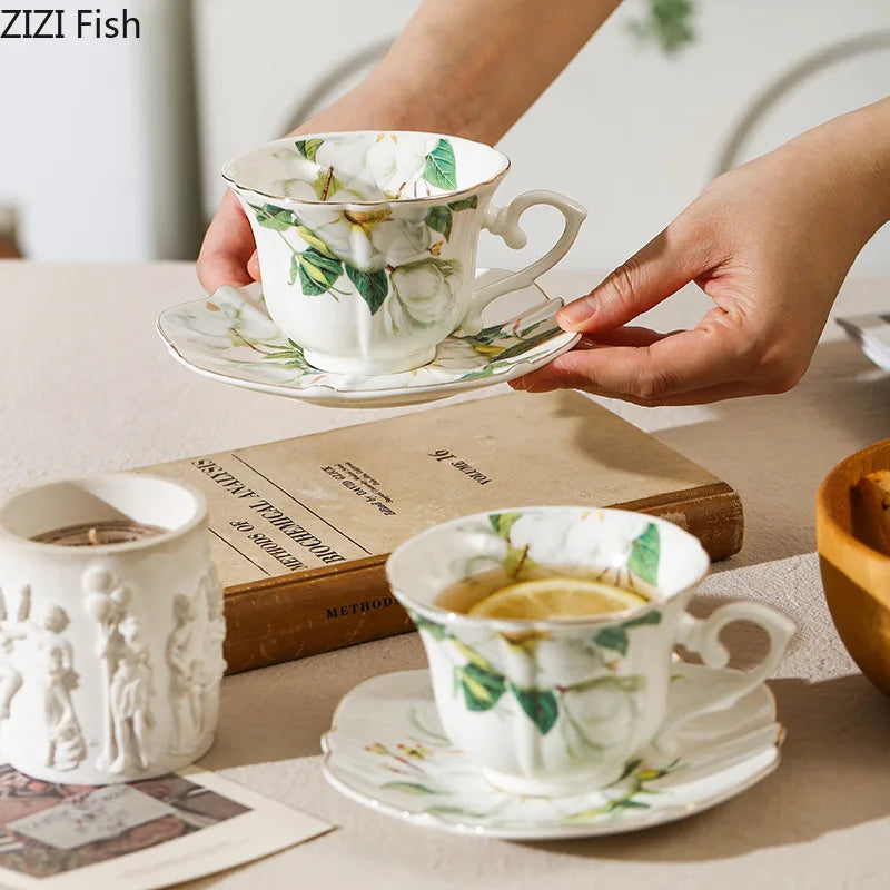 Afralia™ Camellia Porcelain Cup & Saucer Set - Elegant Tableware Coffee Mug for Afternoon Tea