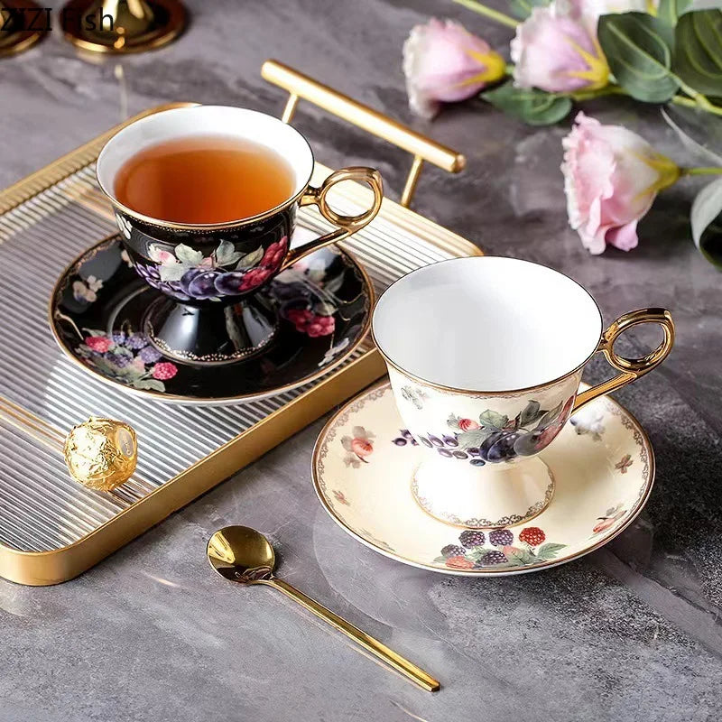 Afralia™ Fruits Pattern Ceramic Coffee Mug Set Gold-plated Tea Cup Saucer Dining Juice Container