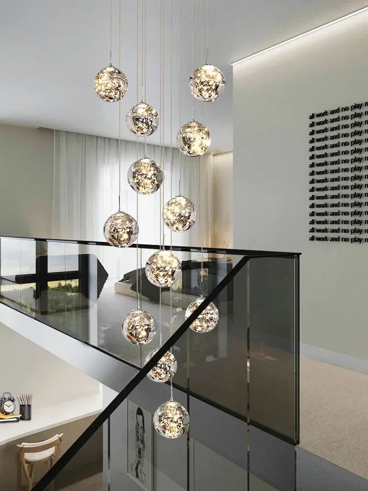 Afralia™ Gold LED Glass Chandelier: Minimalist Round Ball Staircase Lighting Fixtures