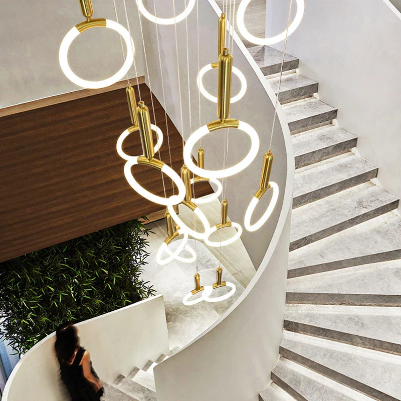 Afralia™ Modern Golden Round Acrylic Chandelier for Duplex Living Room, Kitchen, Staircase.