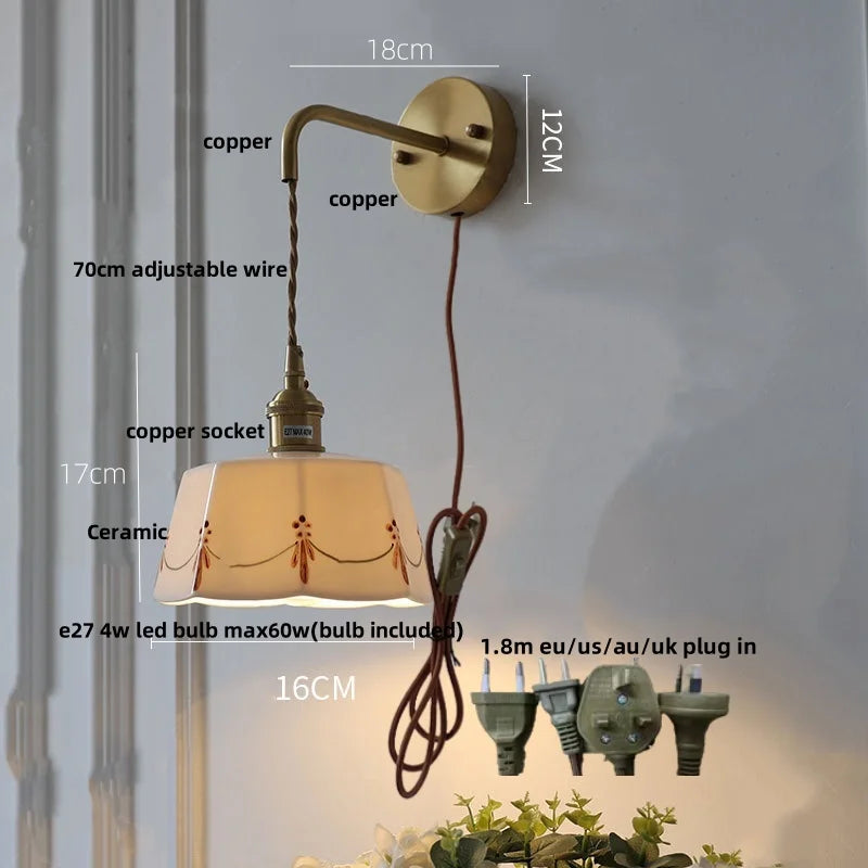 Afralia™ Ceramic Brass LED Wall Light Fixture Pull Chain Switch Bedside Sconce