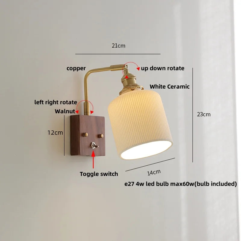 Afralia™ Ceramic LED Wall Light Fixture White Copper Walnut Ash Bedside Lamp