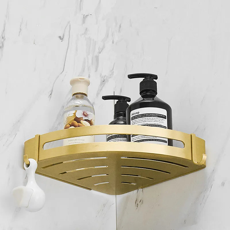 Afralia™ Brushed Gold Aluminum Bathroom Corner Shelf Wall Mounted Shower Shampoo Holder