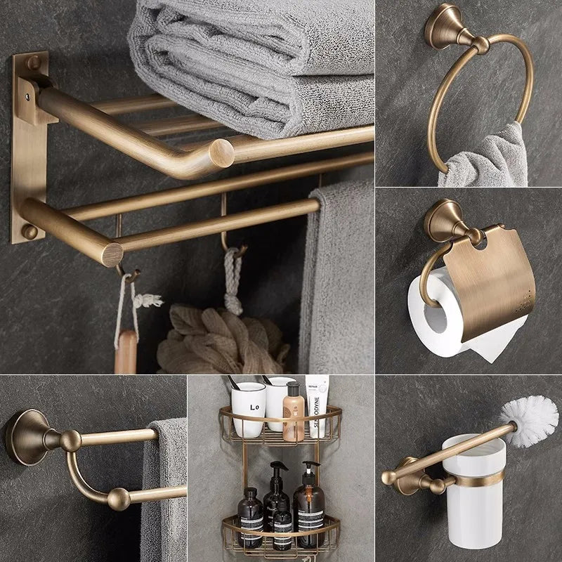 Afralia™ Antique Brass Bathroom Accessory Set: Towel Rack, Paper Holder, Soap Dish, Towel Ring, & More