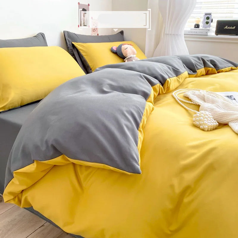 Afralia™ Luxury Solid Cotton Bedding Set King Yellow 3-4 Pcs, Simple Queen Size