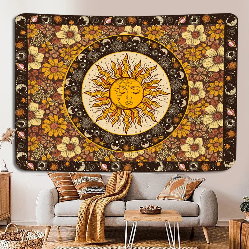 Sun Moon Tapestry Vintage Boho Wall Hanging by Afralia™ with Sunflowers Moth Constellation Aesthetic