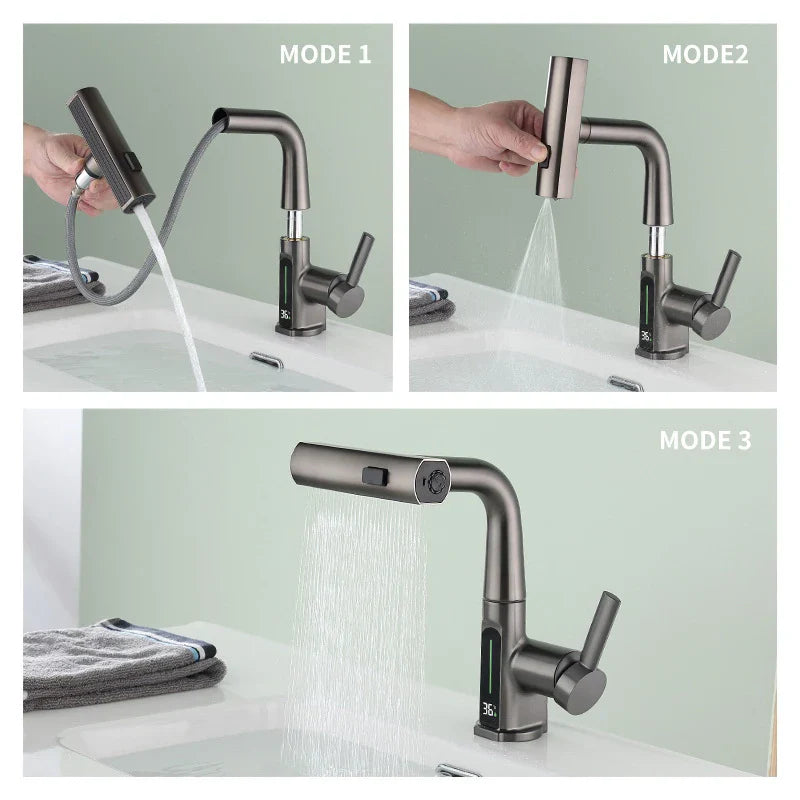 Afralia™ Temperature Digital Display Basin Faucet Pull Out Mixer Tap for Bathroom