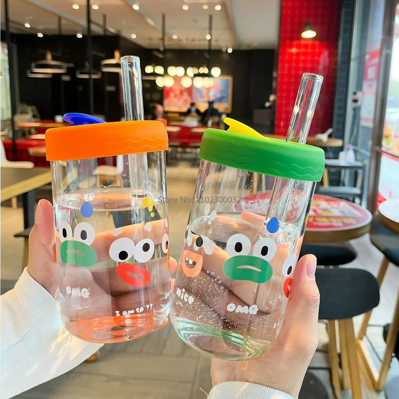 Afralia™ Kawaii Glasses with Lid and Straw Bubble Tea Cup - 550ml Cute Drinkware