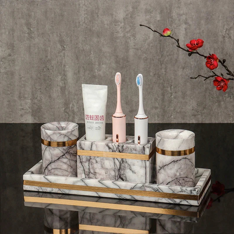 Afralia™ Lilac Marble Bathroom Set: Soap Dispenser, Toothbrush Holder, Soap Dish Tray.