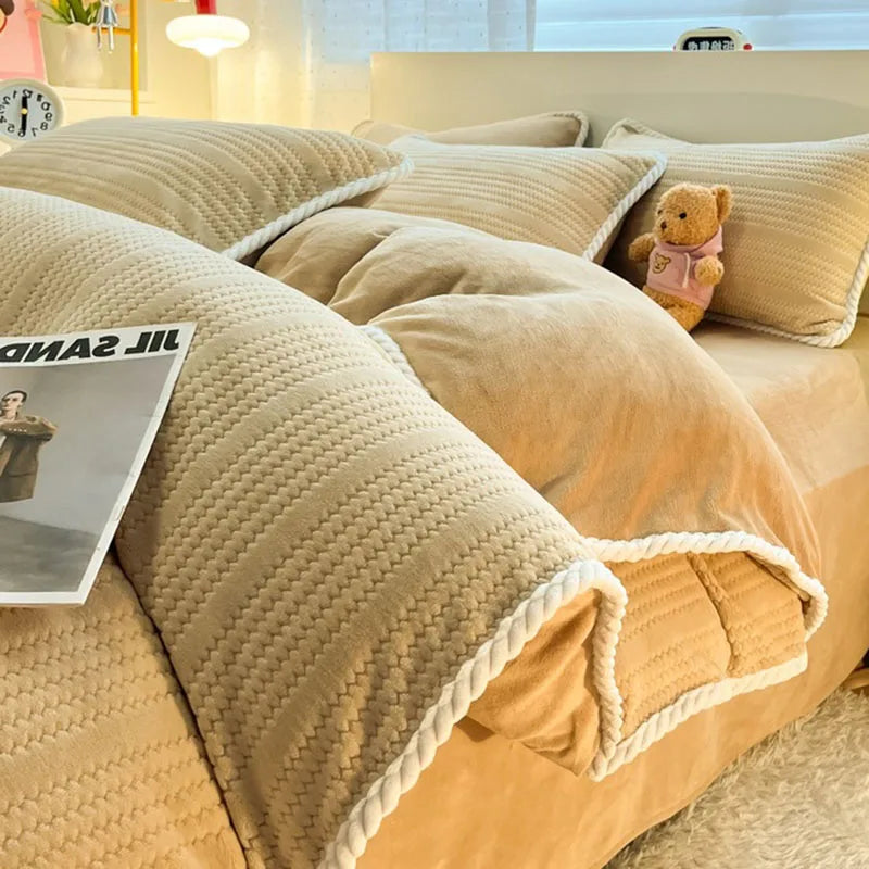 Afralia™ Striped Jacquard Thick Milk Velvet Quilt Cover - Cozy Warm Bedding