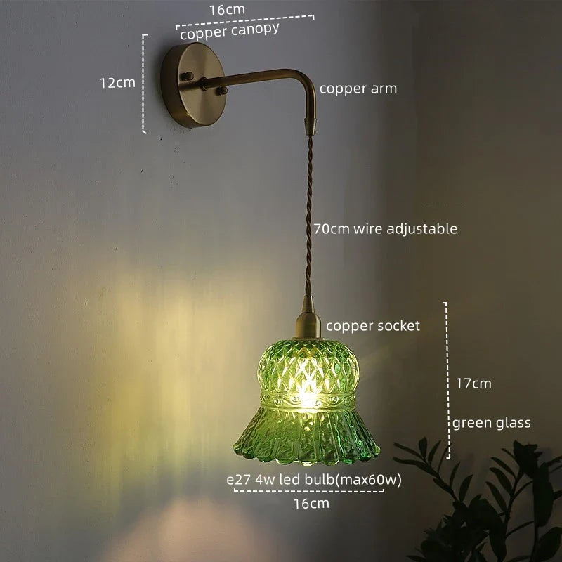 Afralia™ Vintage Copper Glass LED Wall Light with Pull Chain Switch for Dining Room Bedroom