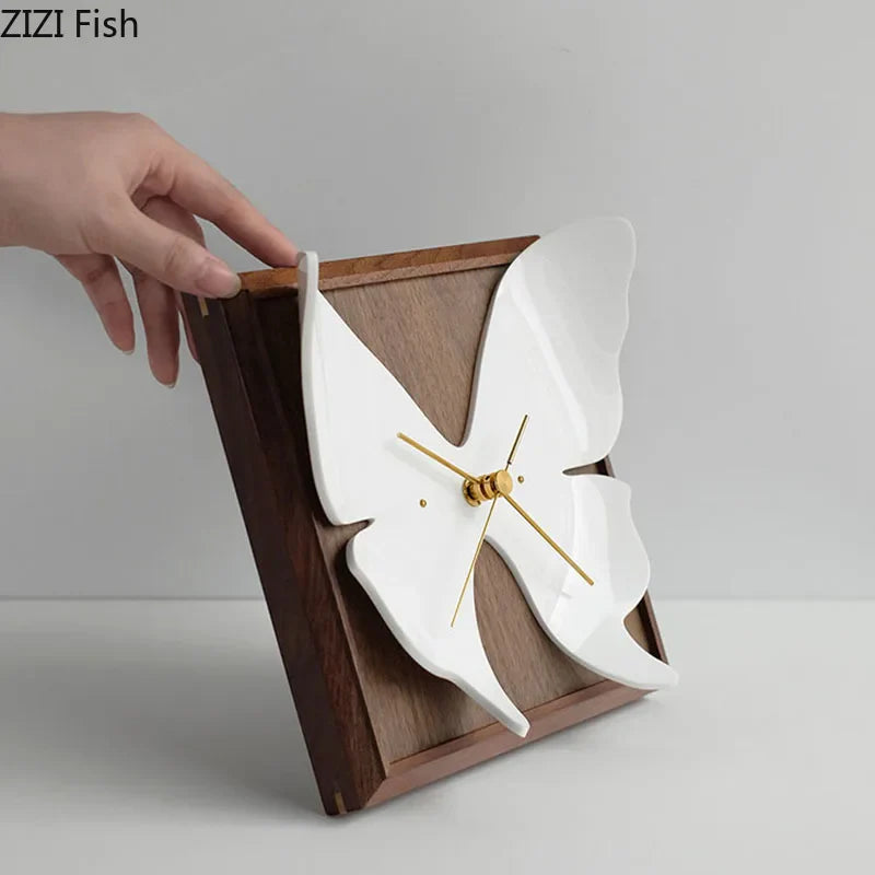 Afralia™ White Butterfly Table Clock - Silent Sweep Needle, Wood Frame Wall-mounted Timepiece
