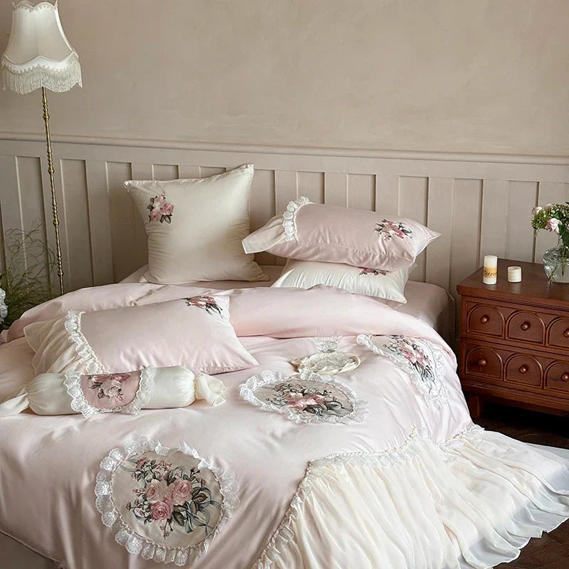 Afralia™ Pink Flowers Lace Ruffles Wedding Bedding Set 1000TC Egyptian Cotton Décor