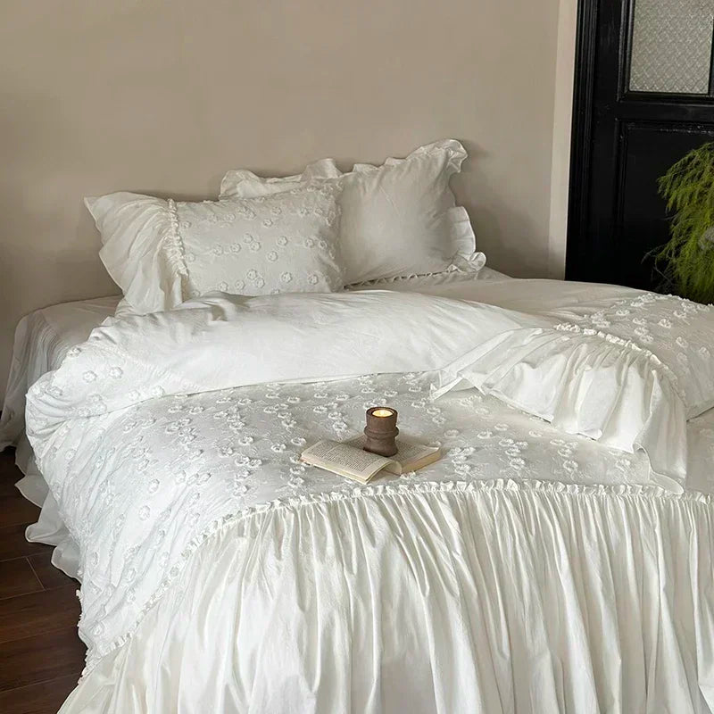 Afralia™ Pleat Cotton Bedding Set White King Queen Twin Double Duvet Cover