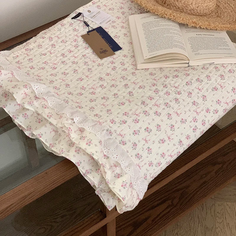 Afralia™ Korean Princess Floral Lace Ruffles Bedspread Set with 100% Cotton Quilting