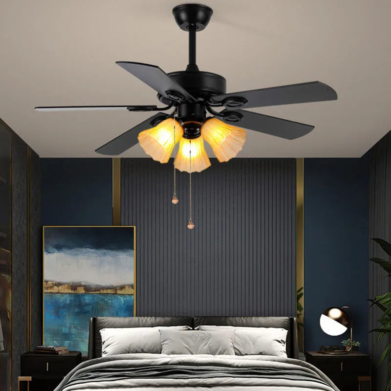 Afralia™ Retro Wooden Blades Ceiling Fan Light: American Style Iron Silent LED Chandelier