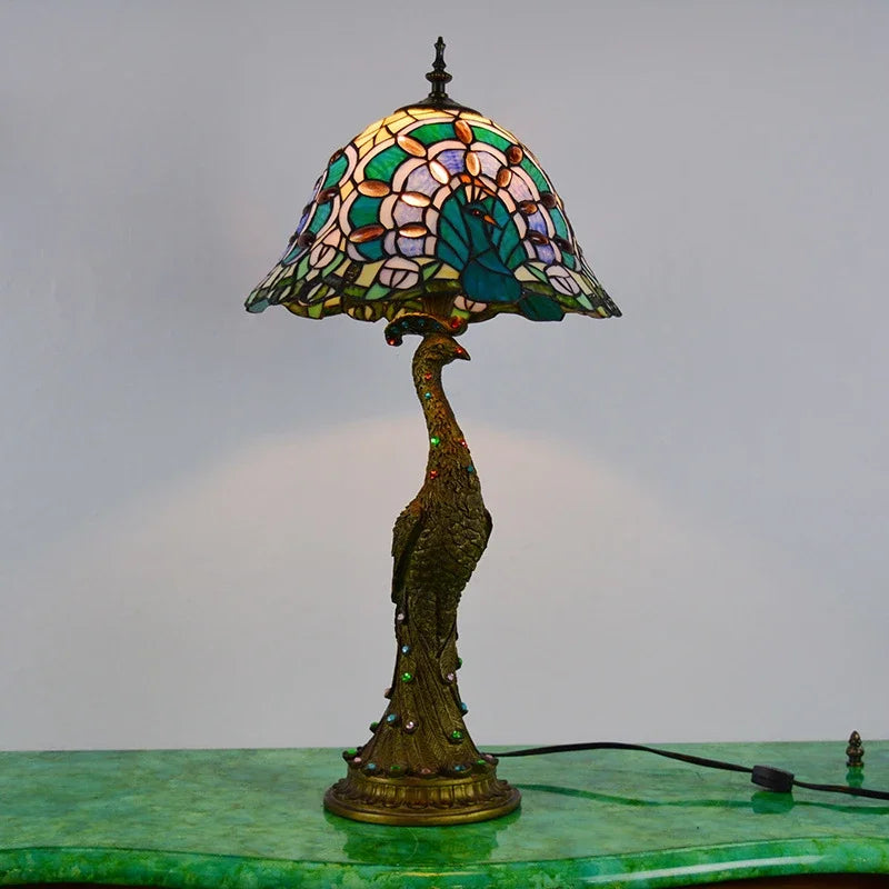 Afralia™ Peacock Stained Glass LED Bedside Table Lamp for Living Room Bedroom Lighting