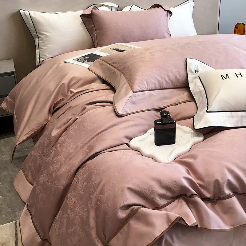 Afralia™ Jacquard Satin & Egyptian Cotton Patchwork Bedding Set - 4pcs