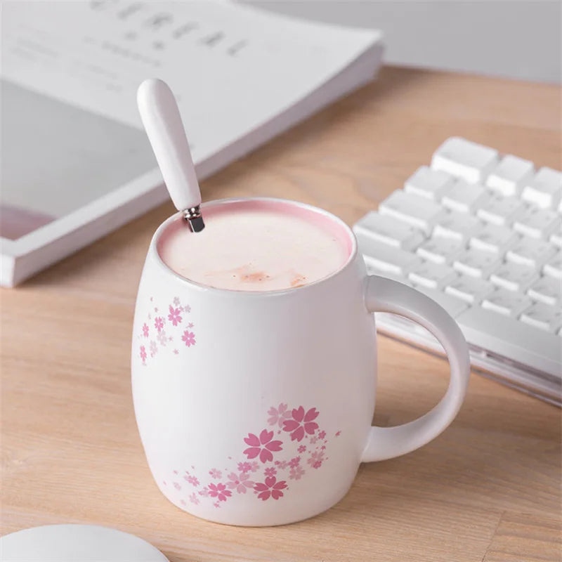 Afralia™ Cherry Blossom Ceramic Coffee Mug with Lid and Spoon