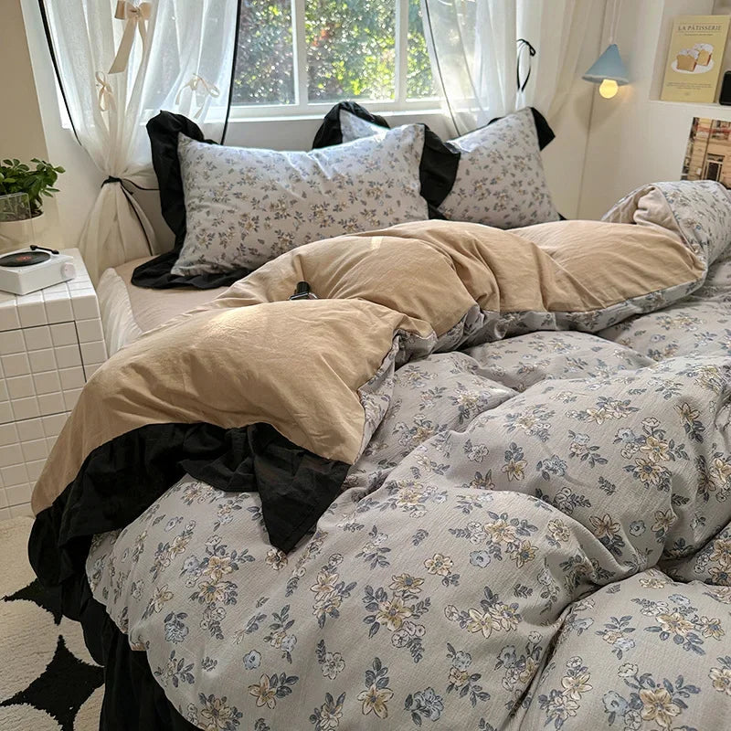 Afralia™ French Washed Cotton Princess Flower Quilt Cover Set - Spring Floral Bedding