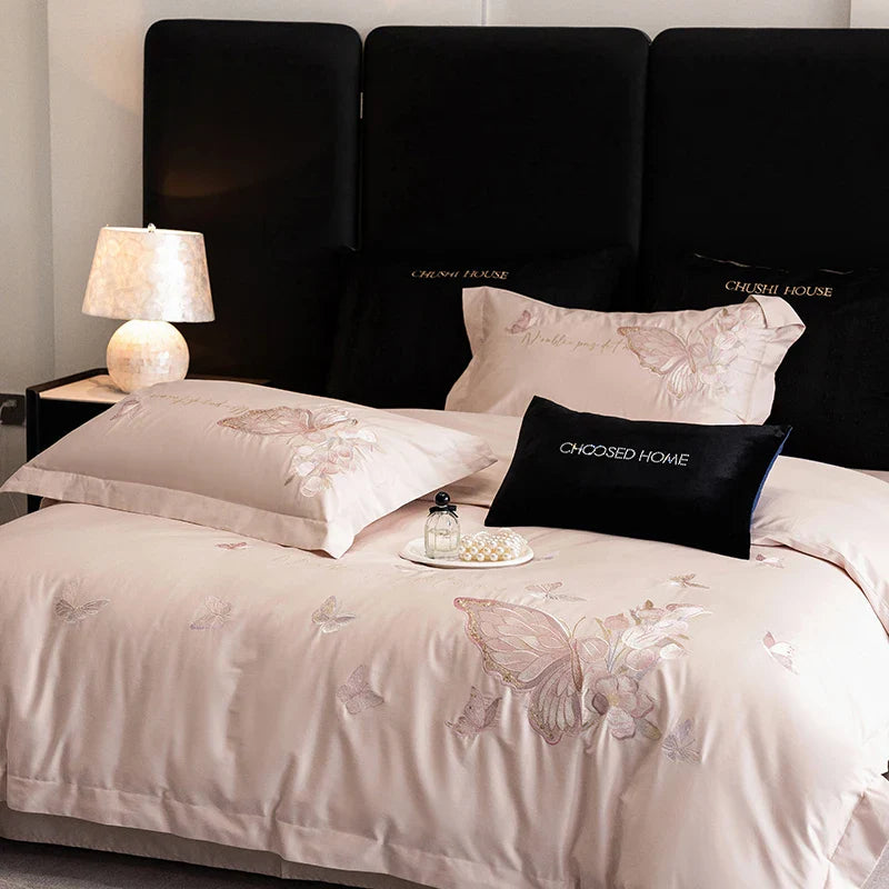 Afralia™ Pink Butterfly Flowers 1000TC Egyptian Cotton Bedding Set - 4Pcs