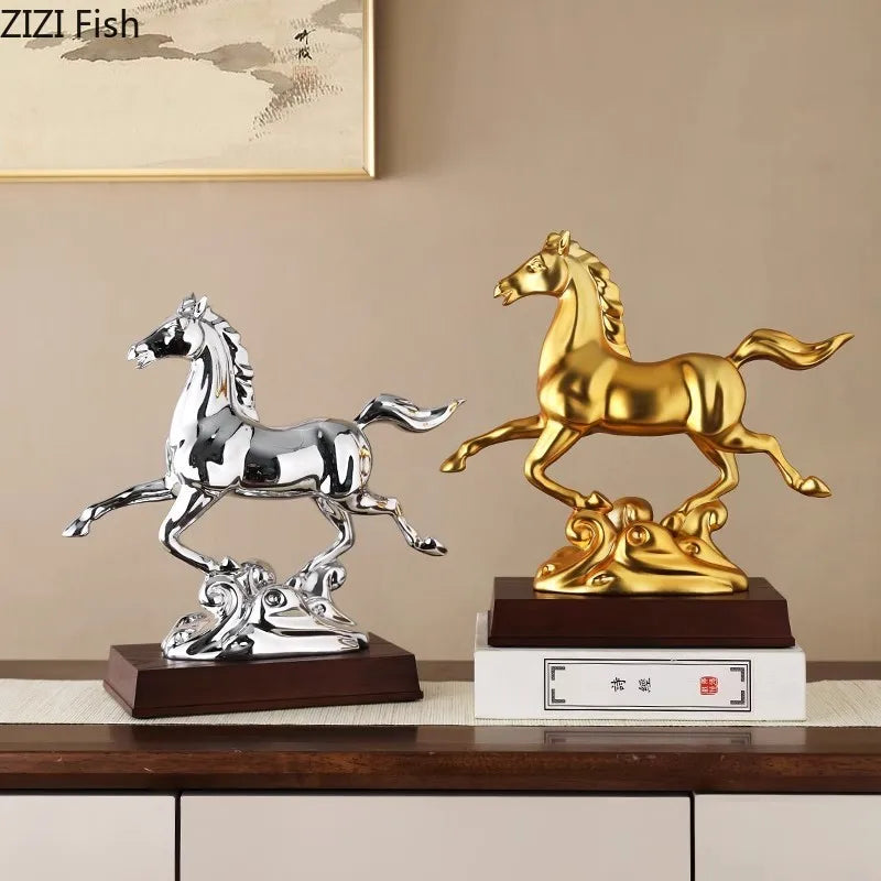 Afralia™ Golden Horse Mascot Resin Statue Artwork for Aesthetic Room Decor