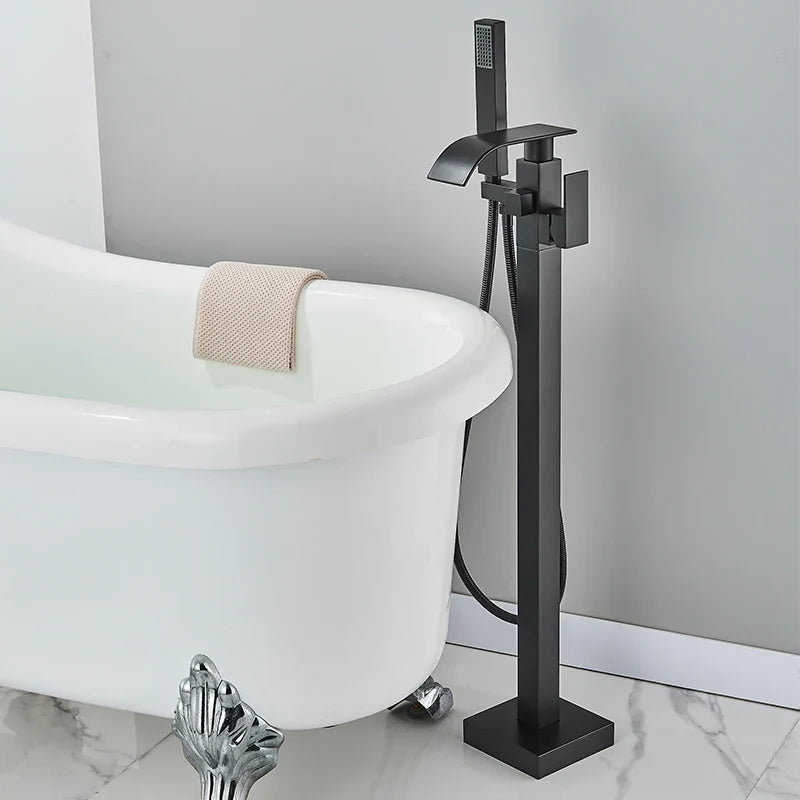 Afralia™ Matte Black Floor Standing Bathtub Faucet Shower Mixer Tap Waterfall Style