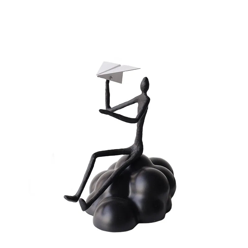 "Afralia™ Resin Paper Airplane Cloud Figure for Home Decor - Black Cartoon Abstract Figurine"