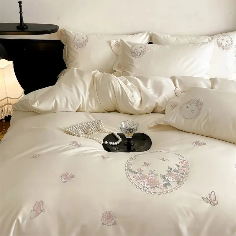 Afralia™ Rose Butterfly Embroidery Curved Edge Bedding Set: Duvet Cover, Sheet Set, Pillowcases