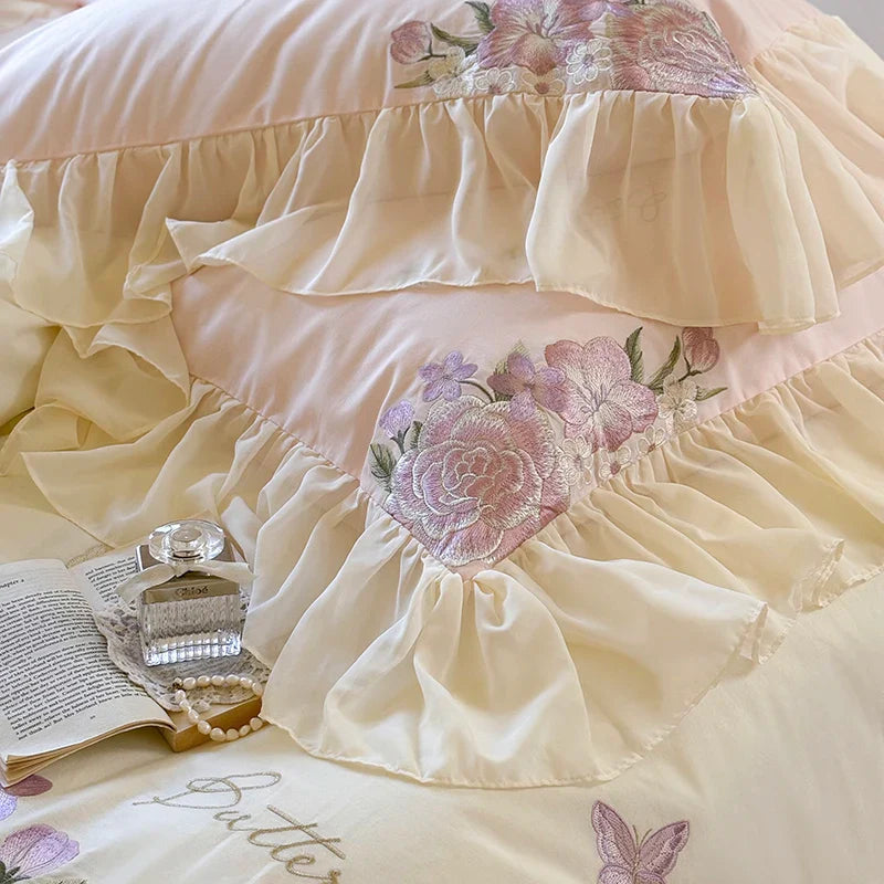 Afralia™ Flowers Lace Ruffles Wedding Bedding Set 1000TC Egyptian Cotton Duvet Cover Set