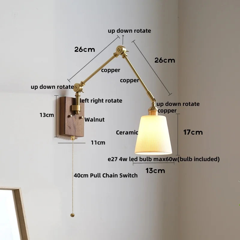 Afralia™ Wood LED Wall Light with Pull Chain Switch & Rotatable Amber Glass