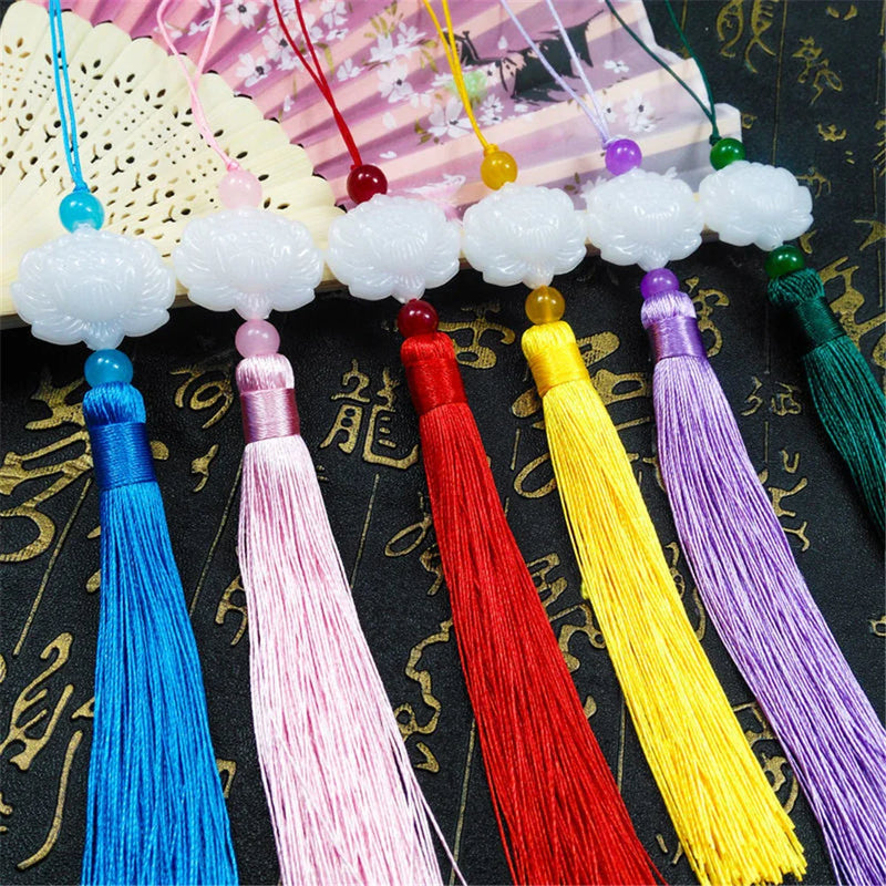 Afralia™ Colorful Brush Tassel White Jade Lotus Hanging Ears Decorative Pendant