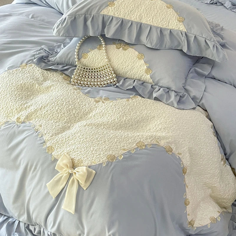 Afralia™ Lace Embroidery Princess Bedding Set - Duvet Cover, Sheet, Pillowcases - Blue Pink Purple