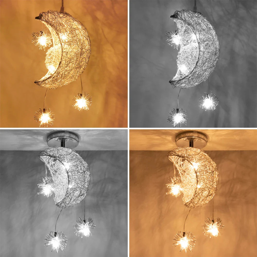 Afralia™ Moon Star Pendant Light Chandelier LED Fixture for Kid Bedroom & Christmas Decor