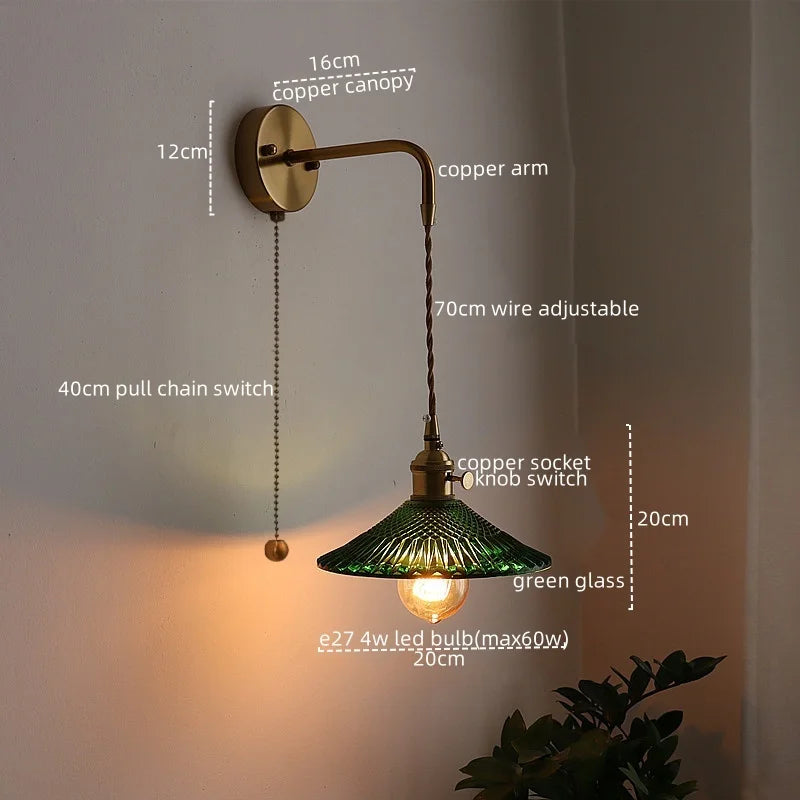 Afralia™ Copper Glass Pull Chain LED Wall Sconce for Indoor Living Room Stairway Lighting