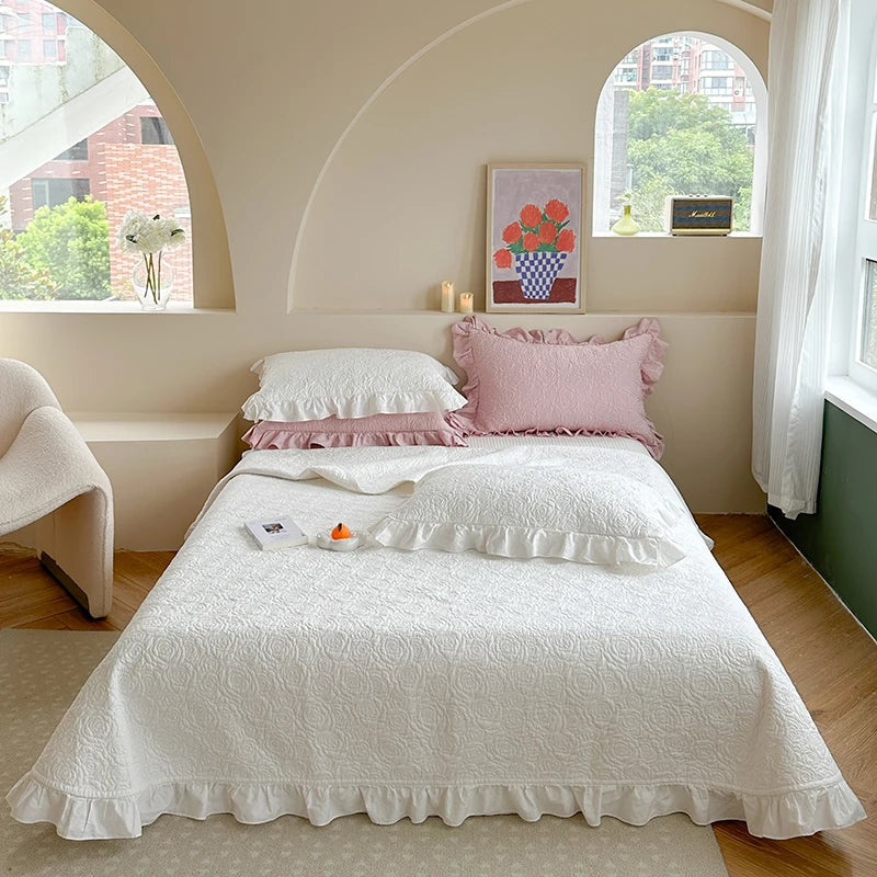 Afralia™ Rose Flower Bed Cover Set: Quilted Washed Cotton with Lace Ruffles, Two-Sided Design