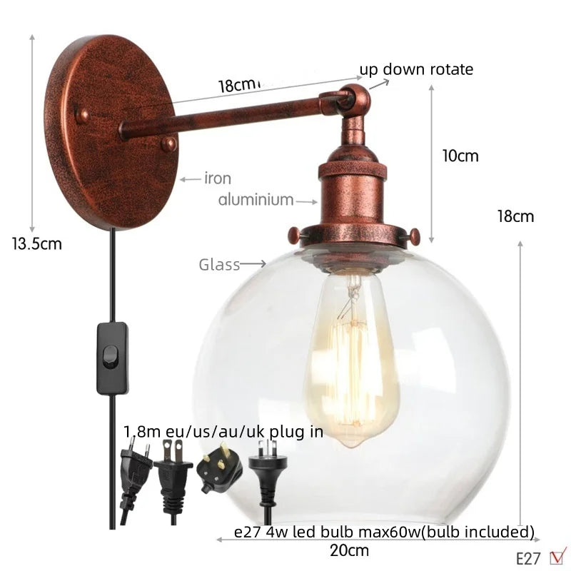 Afralia™ Glass Globe LED Wall Sconce Modern Industrial Rustic Vintage Bedside Lamp