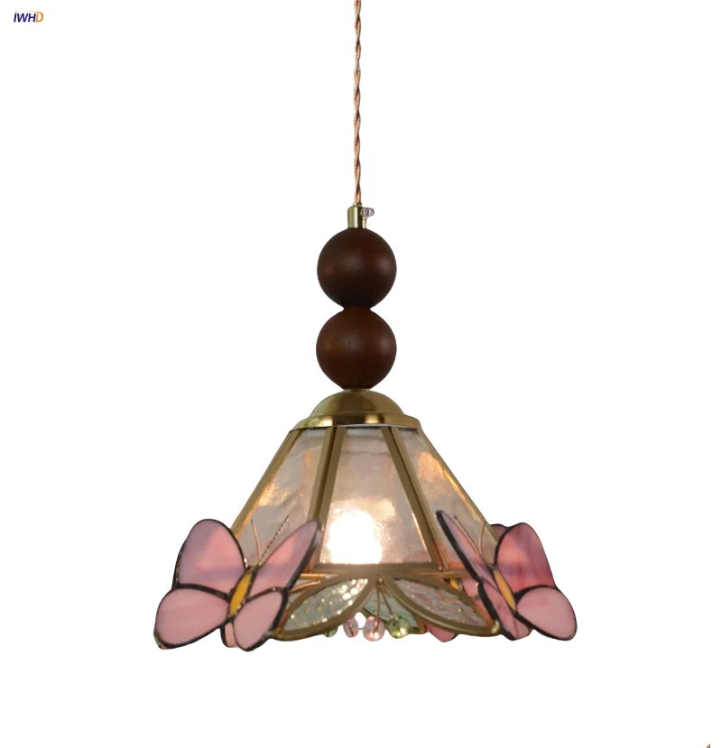 Afralia™ Pink Butterfly LED Pendant Light Fixture Tiffany Glass Wood Ball Hang Lamp